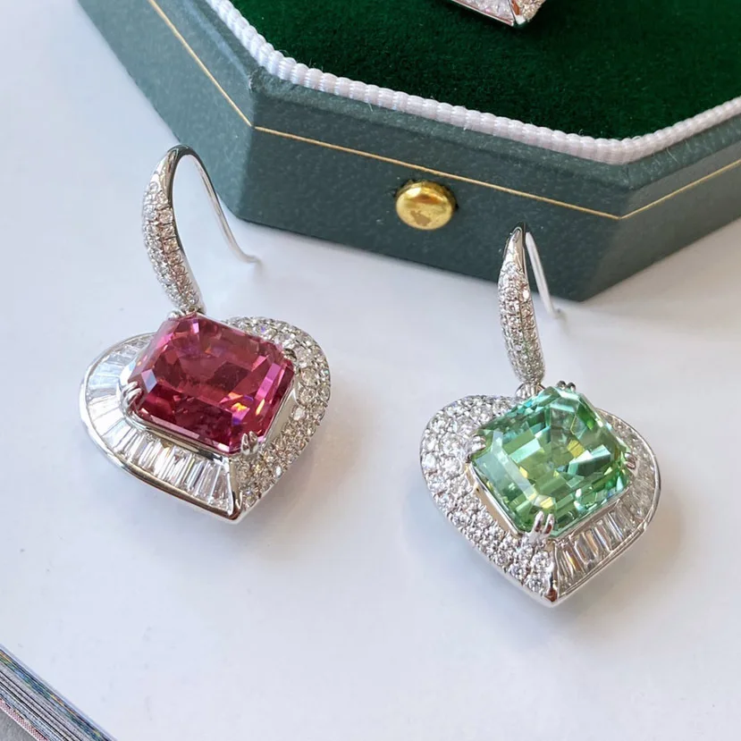 DIY accessories Smart like a queen dancing in the wind, full of diamonds, inlaid with double-heart tourmaline ring earrings, con
