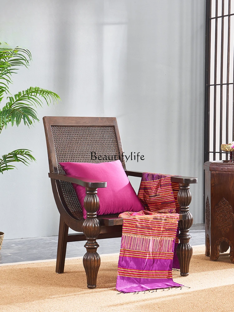 Thailand Handmade Vine Woven Solid Wood Single Recliner Living Room Bedroom Sofa Backrest Chair