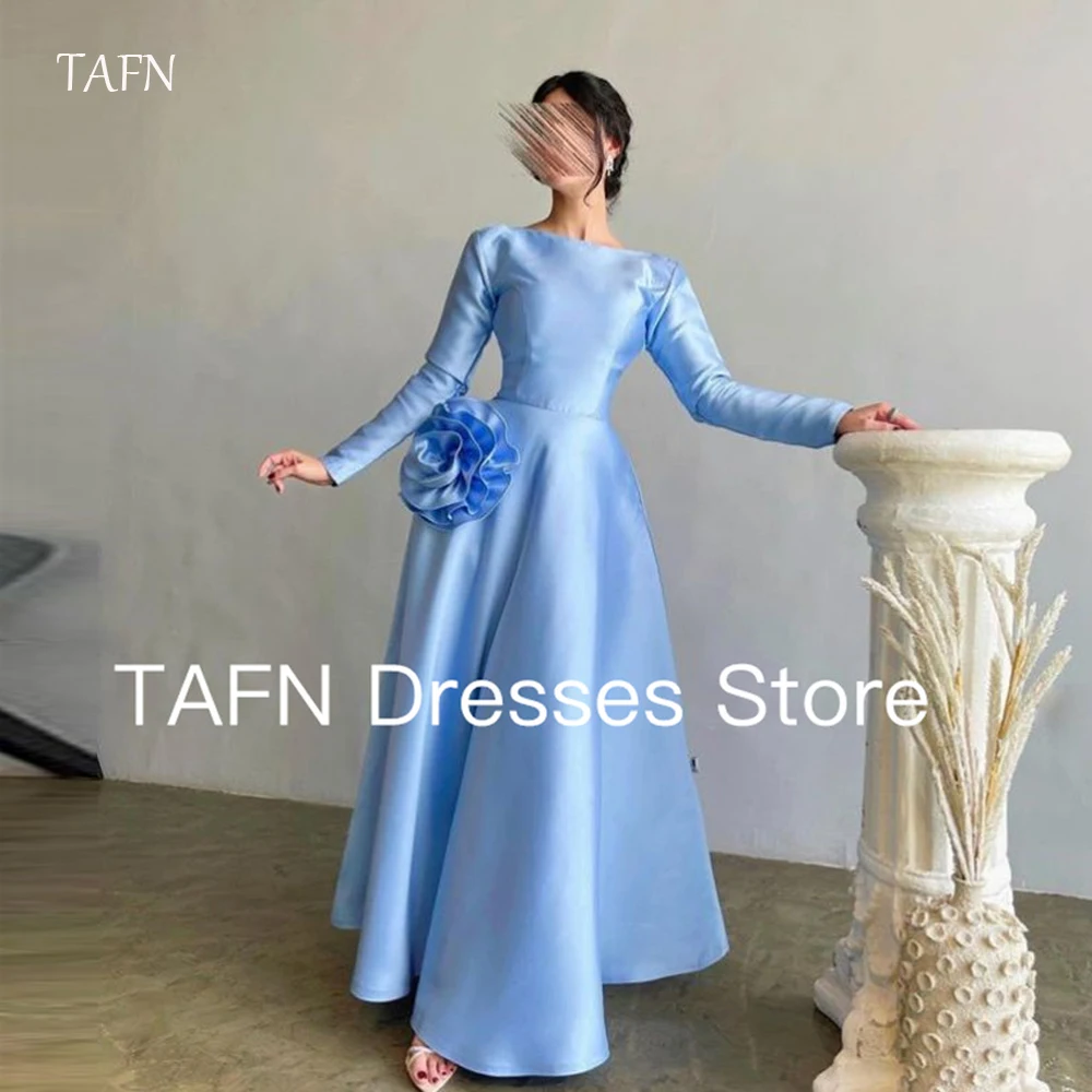 

TAFN Light Blue Vintage Formal Evening Dresses Modest Arabic Women O-Neck Long Sleeves Flowers Satin Party Prom Gowns Customized