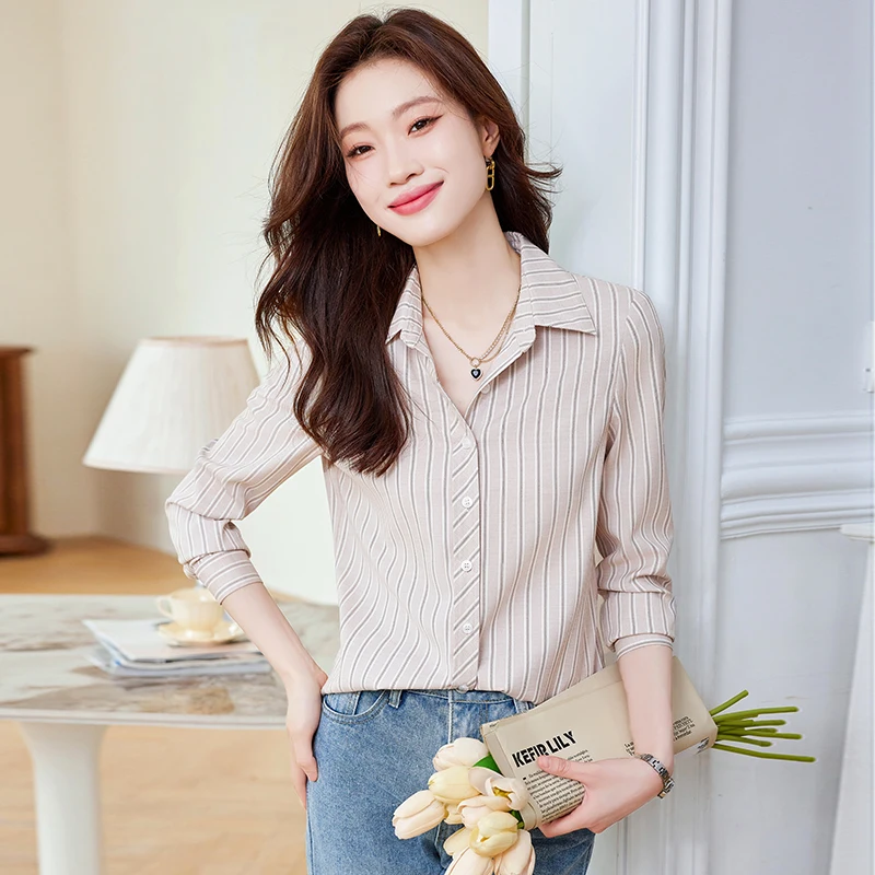 NAVIU Pink Stripes Shirt Women New 2023 Autumn Fashion Temperament Formal Long Sleeve Slim Blouses Office Ladies Work Tops White