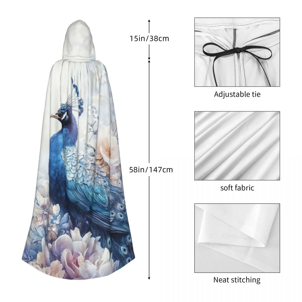 Regal Peacock Nestled Among Delicate Flowers Long Hooded Cloak Witch Medieval Costume Cosplay Cape HalloweenCoat Adult Unisex