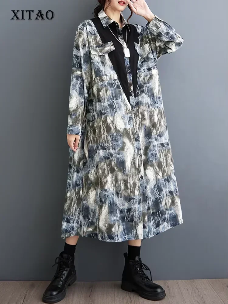 XITAO-vestido camisero holgado con estampado de retazos para mujer, vestido informal con cordón de un solo pecho, novedad de otoño, vestido sencillo con temperamento DMJ4175