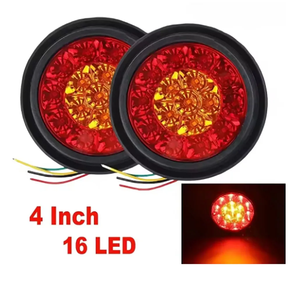 2pcs Truck Trailer Brake Stop Turn Signal Light 12V/24V 4 inch Round LED Tail Lights 16LED Pickup RV Trailer Lighting Dual Color
