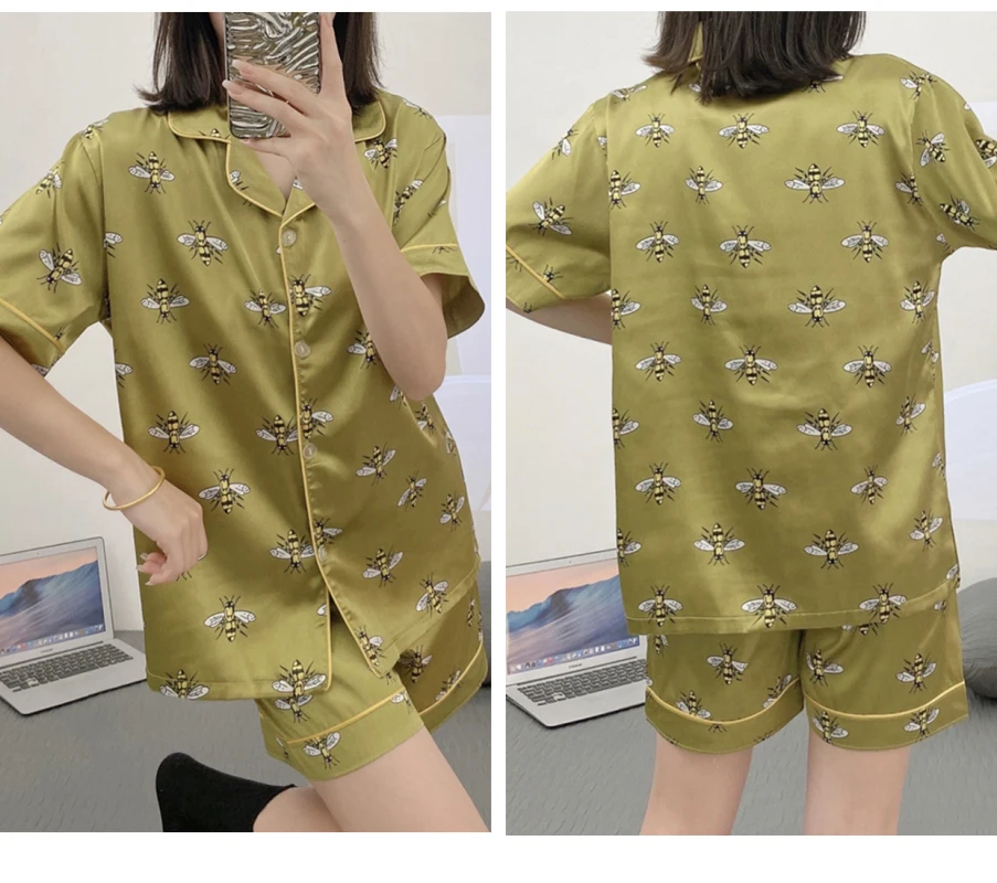 Faux Stain Pajamas Set Women Bees Shorts&Short Sleeved Tops V-Neck Sleepwear Girls Casual Soft Loungewear Homewear Pyjamas Set