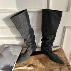 Knee- High Boots Lady Slip On Simple Pleated Cowgirs Denim Botas Hot Girls Large Girth Spring Autumn Woman Boots Large Size43