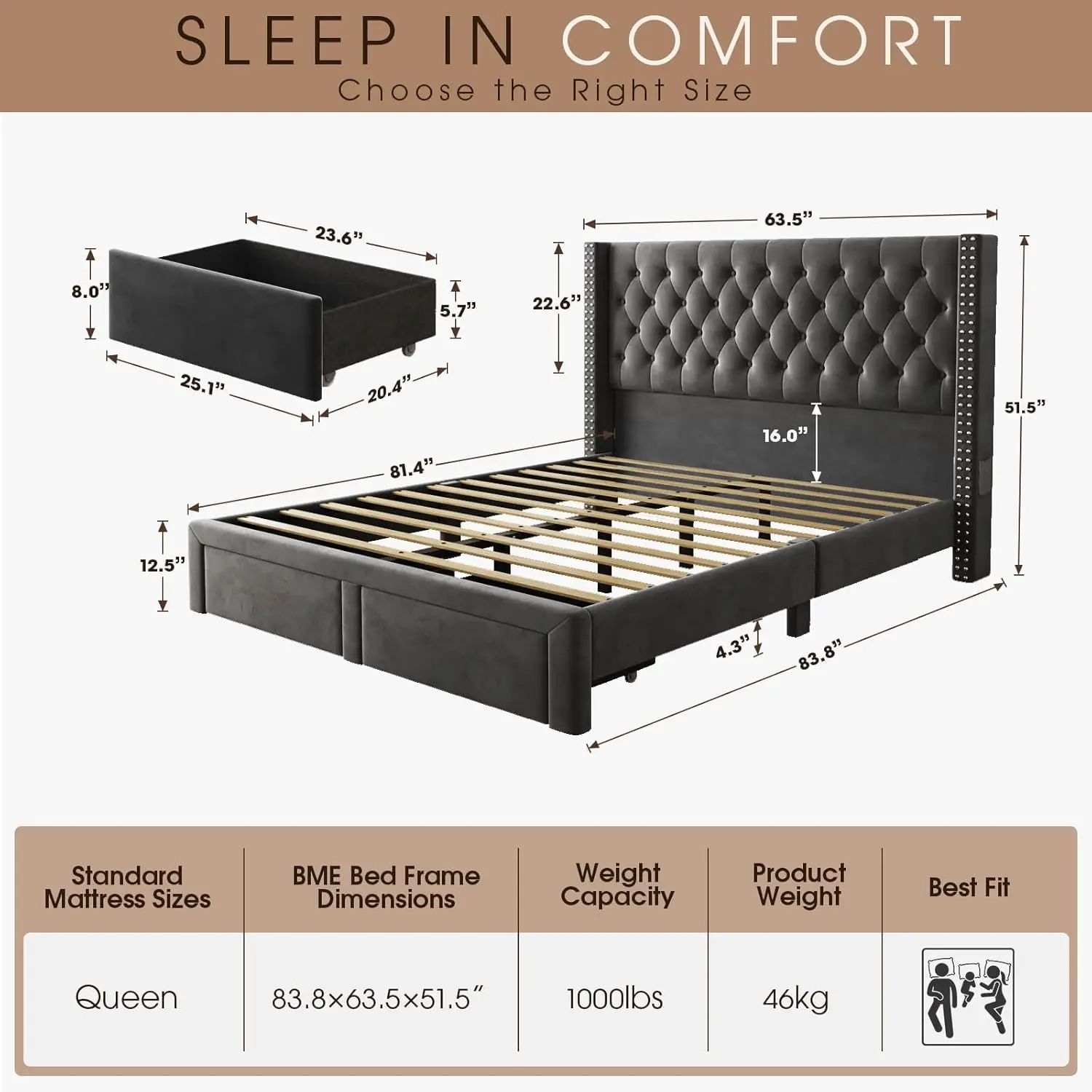 Upholstered Bed Frame Queen with Headboard and Storage, Velvet Tall Bed Frame with 2 Drawers, Tufted Wingback Bed Frame