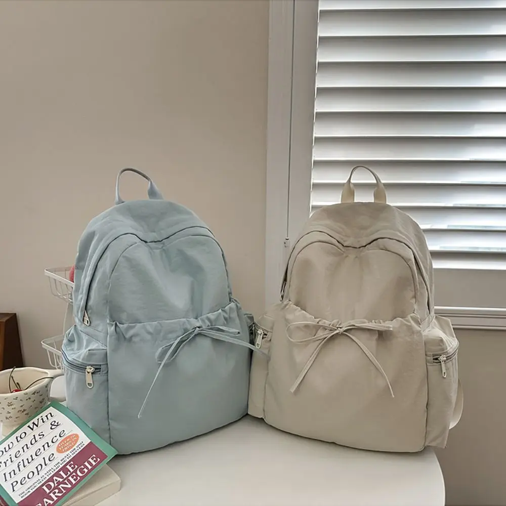 Y2k Sweet Bow Backpack Bowknot Solid Color Drawstring Rucksack Durable Bow Design Student School Bag Commute