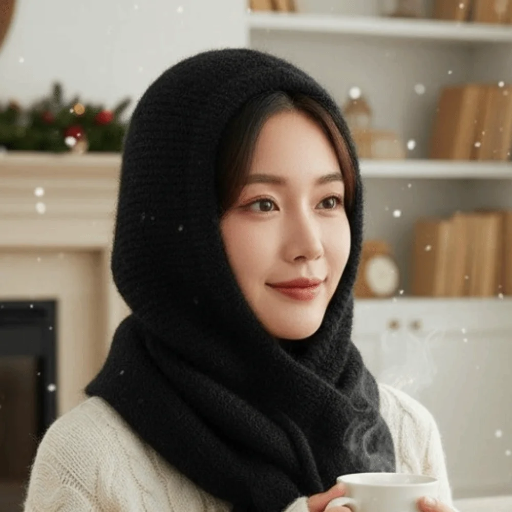 Trendy Style Winter Balaclava Hat Thick Yarn Soft Texture Cute Knit Hood Cozy Fleece Comfy Fit Integrated Scarf Cap Cold Weather