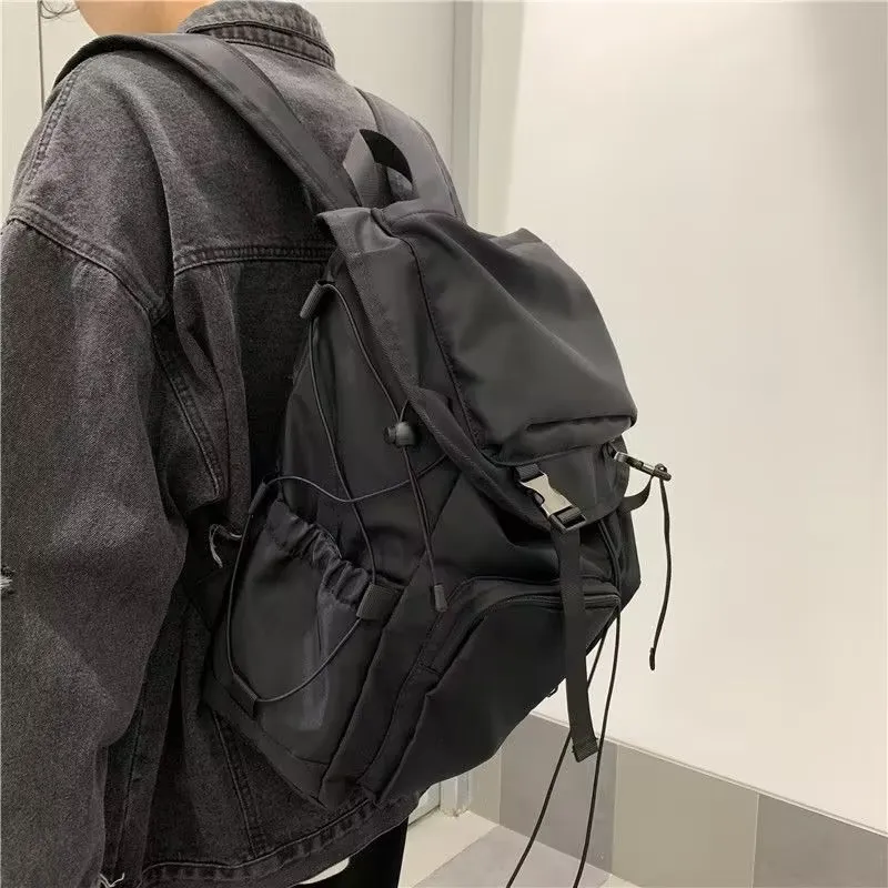 Black Nylon Backpack For Women Large Capacity Travel Shoulder Bags Unisex Casual Drawstring Pockets Canvas Knapsack School Bag