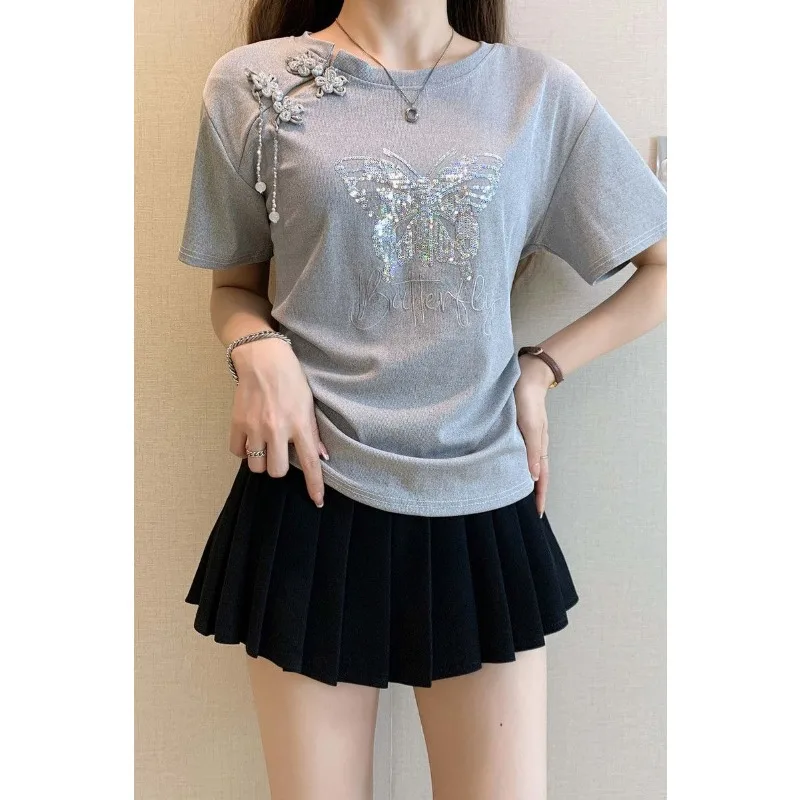 

Chinese-style Knotted Button Butterfly Embroidered Short-sleeved T-shirt for Women, Summer 2025 New Slim-fit Wrinkled Blouse