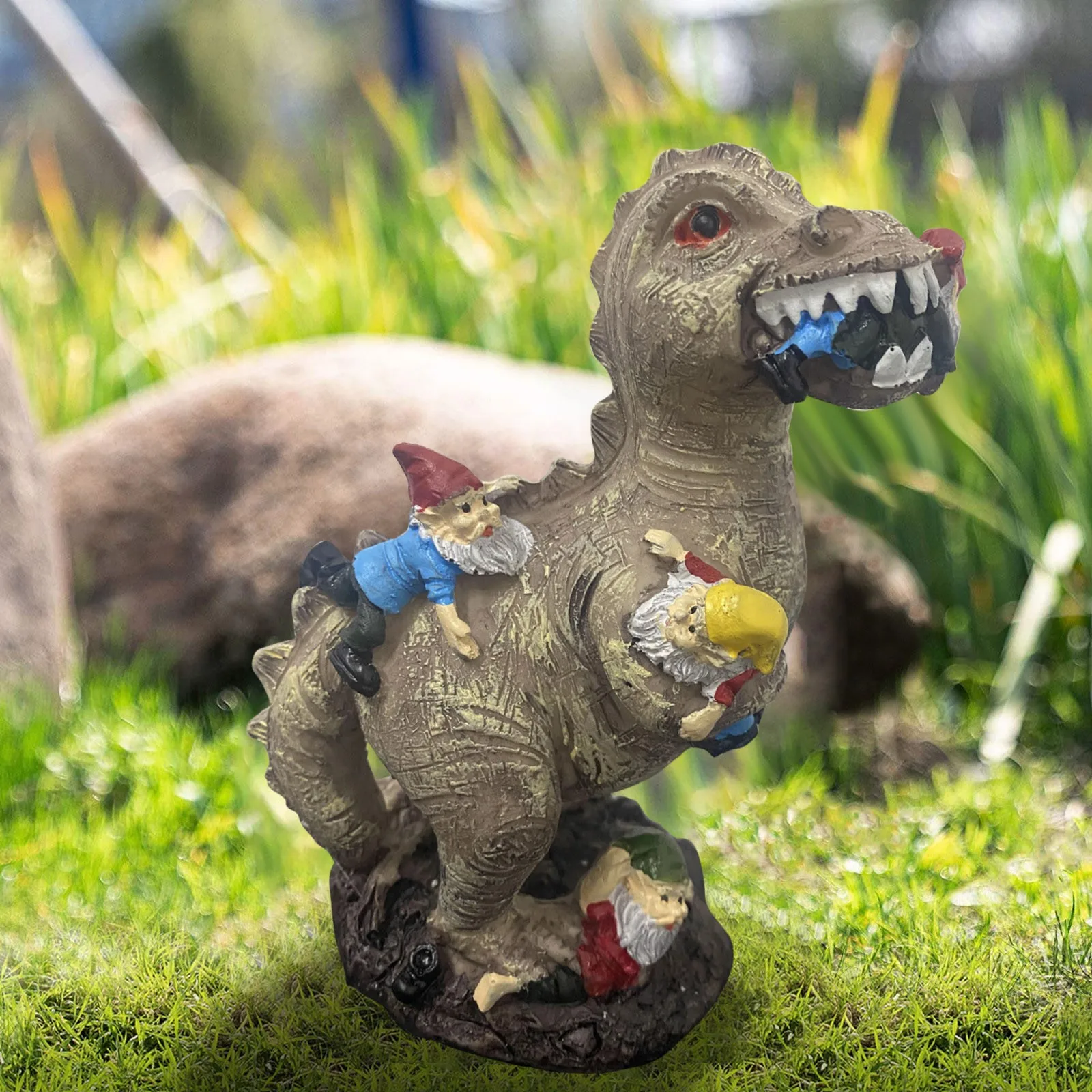 

Mischievous Dinosaur Garden Eating Gnome Statue Resin Figurine Best Art Decor for Outdoor Home Waterproof Home Accessories