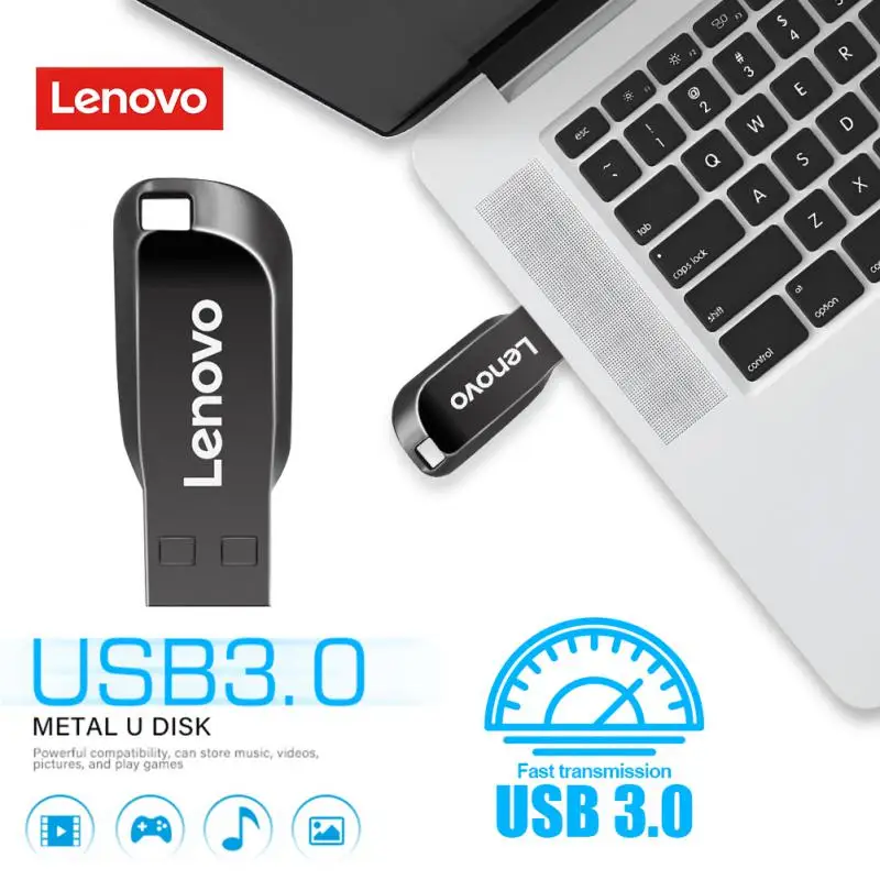 Lenovo-Metal High Speed USB Flash Drives, Unidade Portátil, Disco de Memória Impermeável, Adaptador Tipo C, USB 3.0, 1TB, 2TB, 512GB