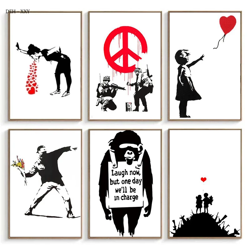 Banksy Artwork Canvas Paintings Peace and Love Theme Posters Black White Pictures for Modern Home Living Room Decor Unframed