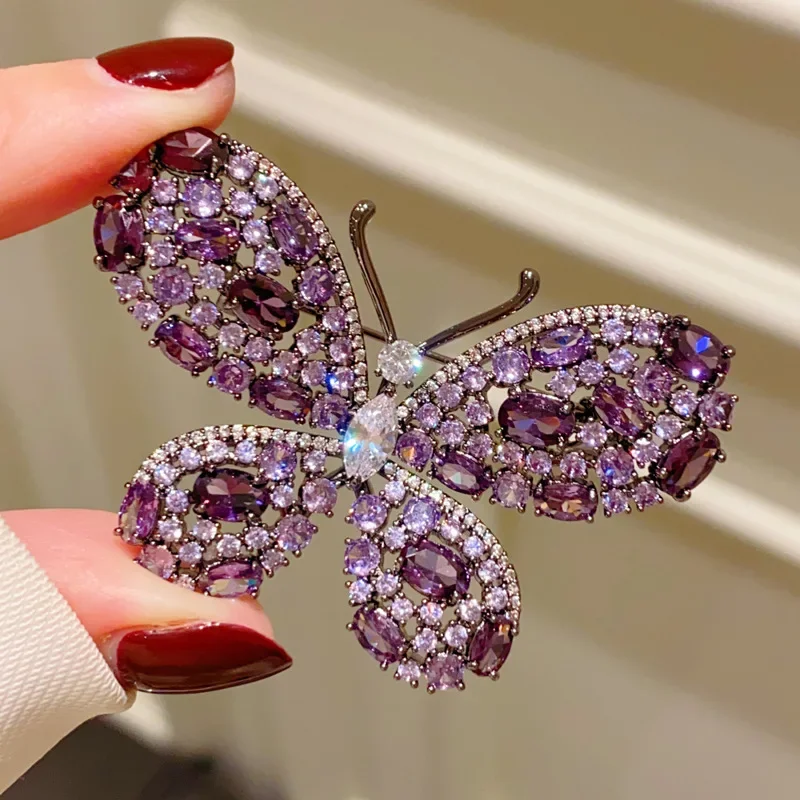 Light Luxury Dark Purple Zircon Butterfly Brooch Pins Retro Suit Coat Pin for Women Elegant Animal Corsage Accessories Ornament