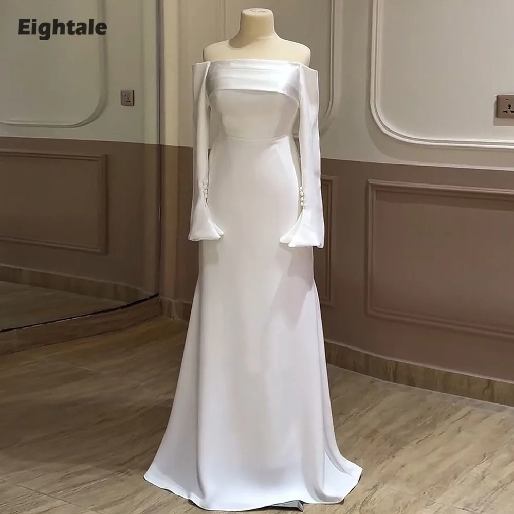 

Eightale Arabic Wedding Dress Customized Ivory Strapless Bridal Gown Flare Long Sleeves Satin Pleats Mermaid Bride Party Dress