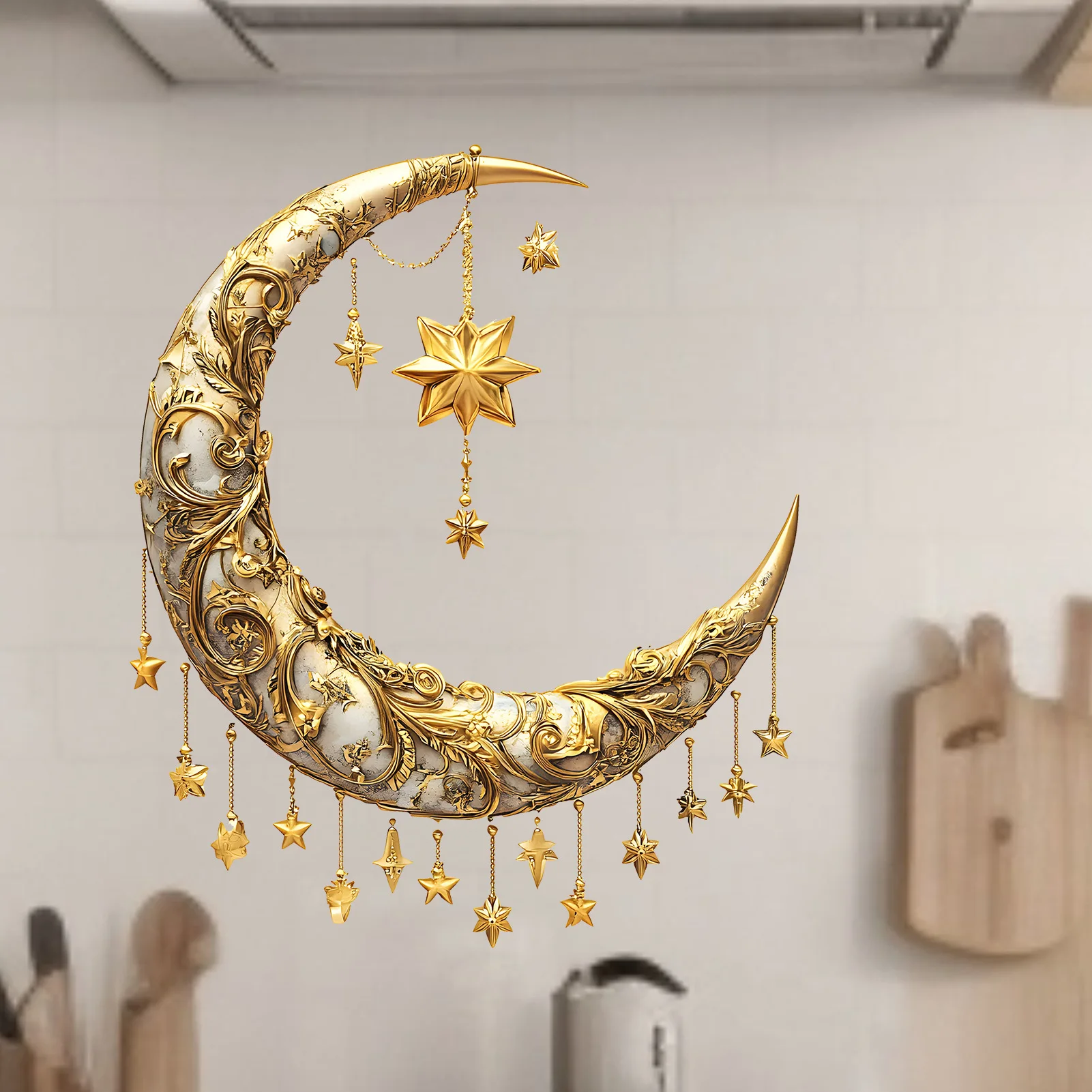 3D Relief Moon Star Wall Stickers Middle Eastern Hanging Decor Self Adhesive Removable Decals for Bedroom Dining Room Home Decor