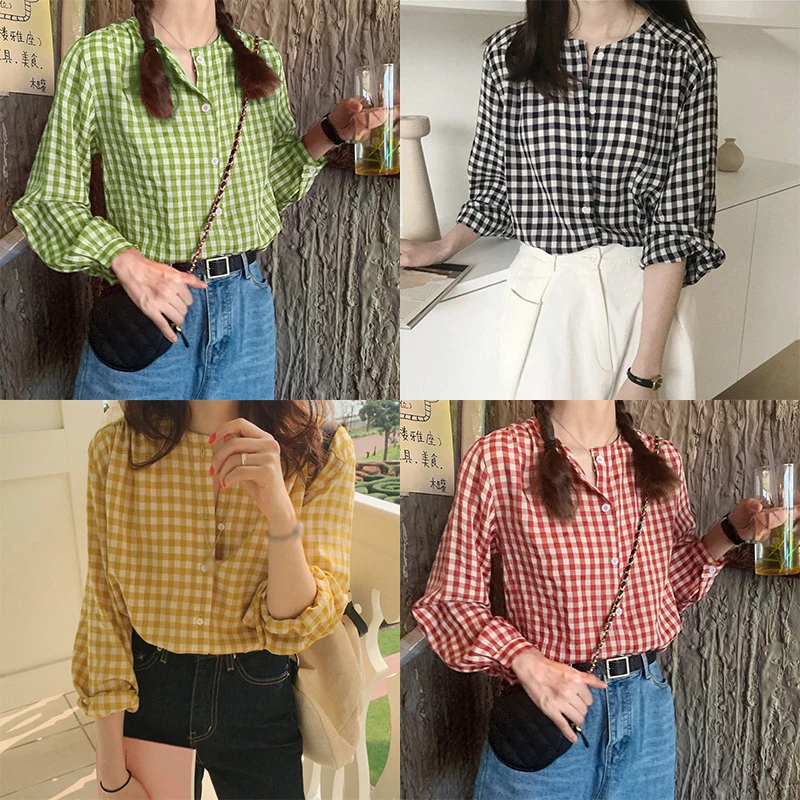 Round Neck Plaid Women Shirt Female Loose Sweet Casual Long Sleeve Shirt Fashion Summer Sun Protection Jacket For Lady