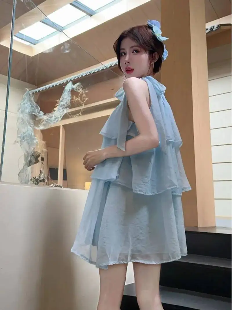 Pure Desire Hanging Neck Design Sense Multi Layered Cake Fashion Dress Elegant Summer Blue Mini Dress Sweet Korean 69LC