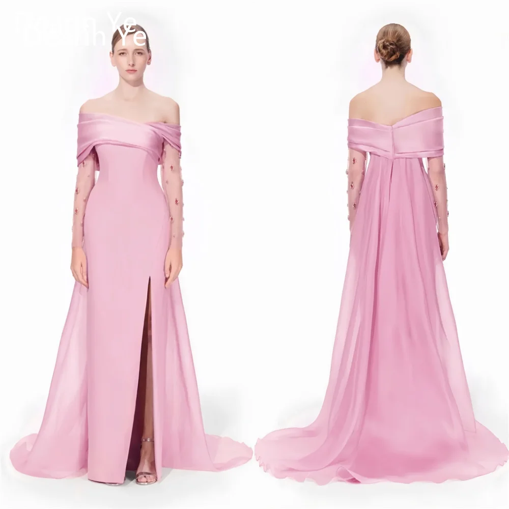 Customized Saudi Arabia Prom Gown Formal Evening Dearin Off-the-shoulder A-line Floor Length Open Back Skirts Laye