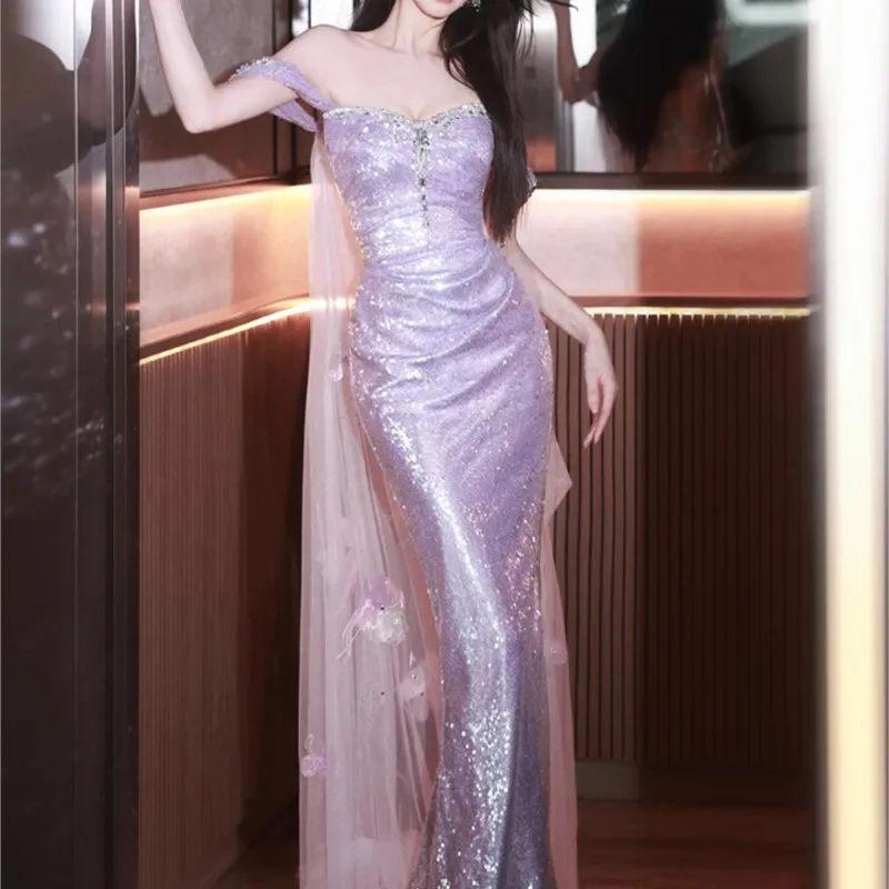 One line shoulder purple sequin fish tail light luxury niche banquet dress