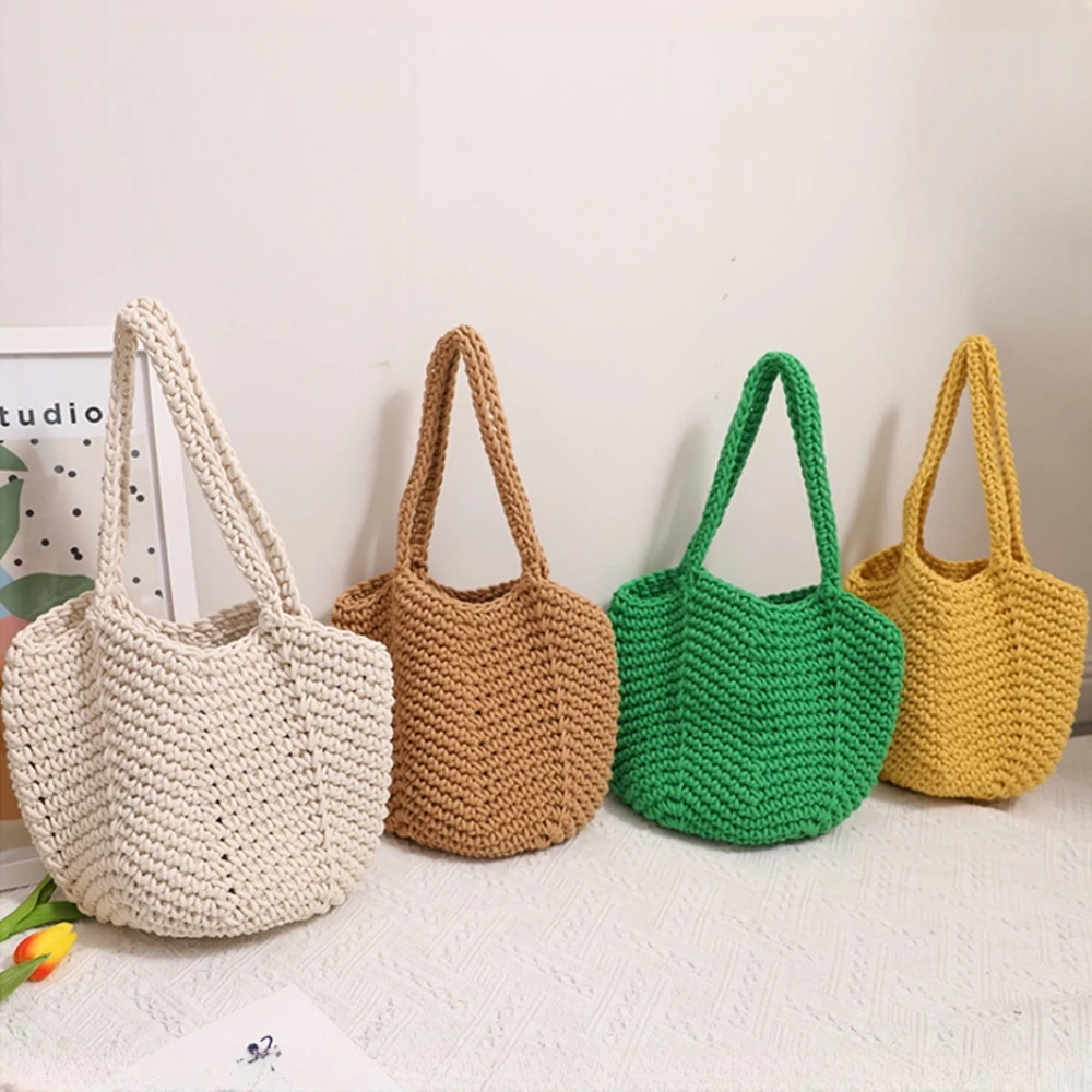 Retro Knitted Shopping Bag Korea Handmade Woven Tote Bag Womens Large Capacity Wool Handbags Summer Ladies Travel Beach Bag