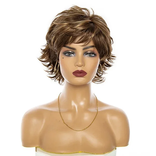 Short Ombre Wigs with Bangs Natural Brown Heat Resistant Sythentic Wig Dress Party Wig for Women Loose Wave Curly Hair Peluca