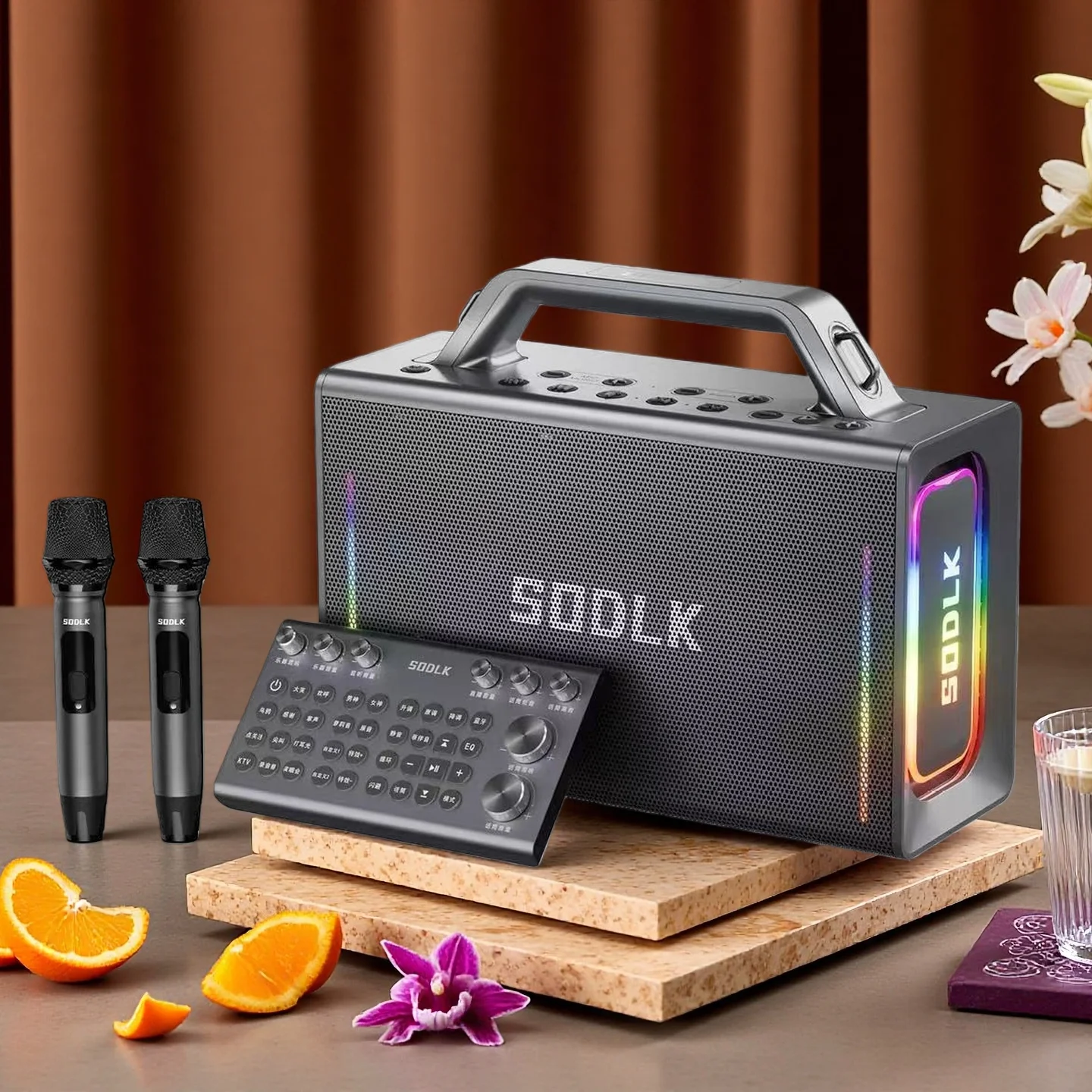 

SODLK S1116 200 Вт Караоке-машина Портативный Bluetooth-динамик с сабвуфером 2 беспроводных микрофона RGB светодиодный шокирующий бас-бумбокс