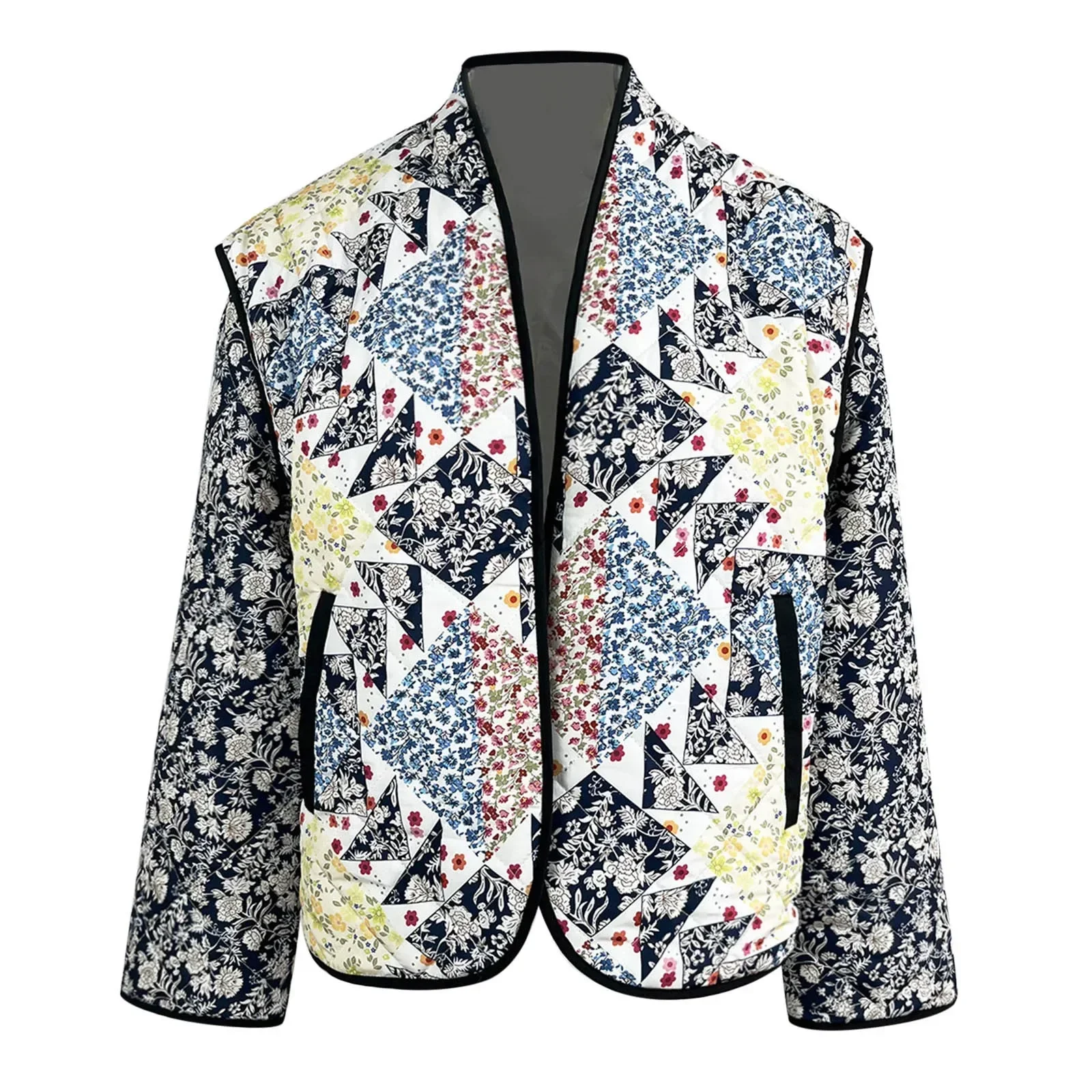 

Vintage Floral Print Women Jacket Winter Cotton Padded Jackets Female Fashion Open Front Quilted Coat Outerwear Streetwear