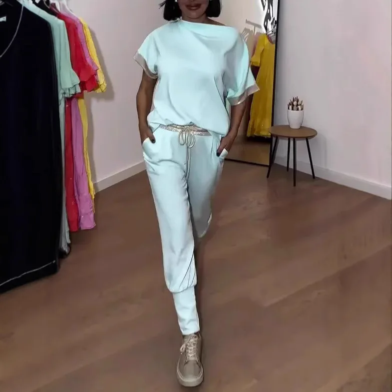 

Spring Fashion New 2 Piece Set Casual O-collar Short Sleeve Solid Color Spliced ​​Pullover Top Elastic Waist Lace Up Pants Set
