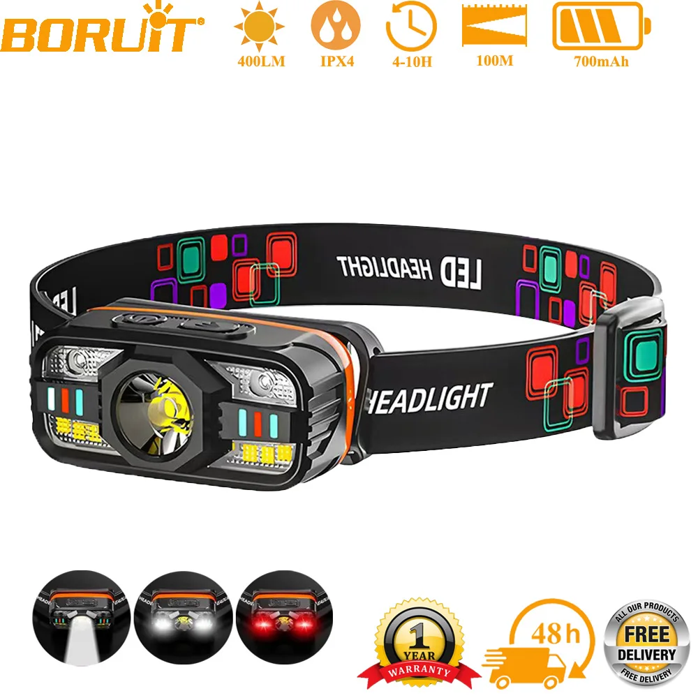 BORUiT Small Motion Sensor LED Headlamp 400LM XPE White Red Light Type-C Rechargeable Headlight for Fishing Camping Emergency
