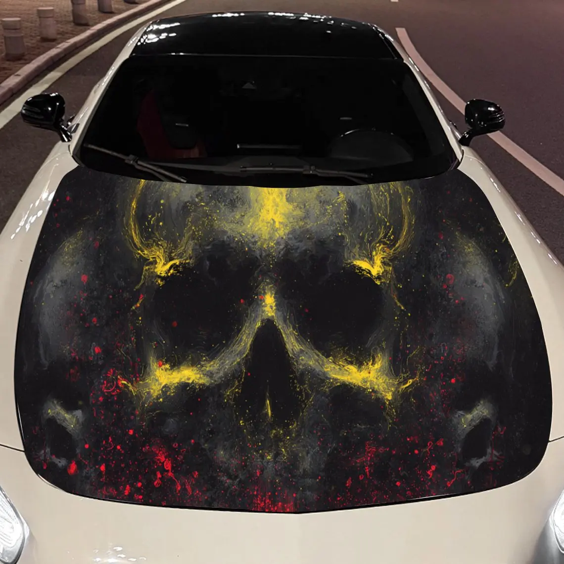 Classic Black Skull and Yellow Splashed Ink Car Hood Sticker, Waterproof Self-adhesive Vehicle Vinyl Wraps Decal, Trendy Auto Ex