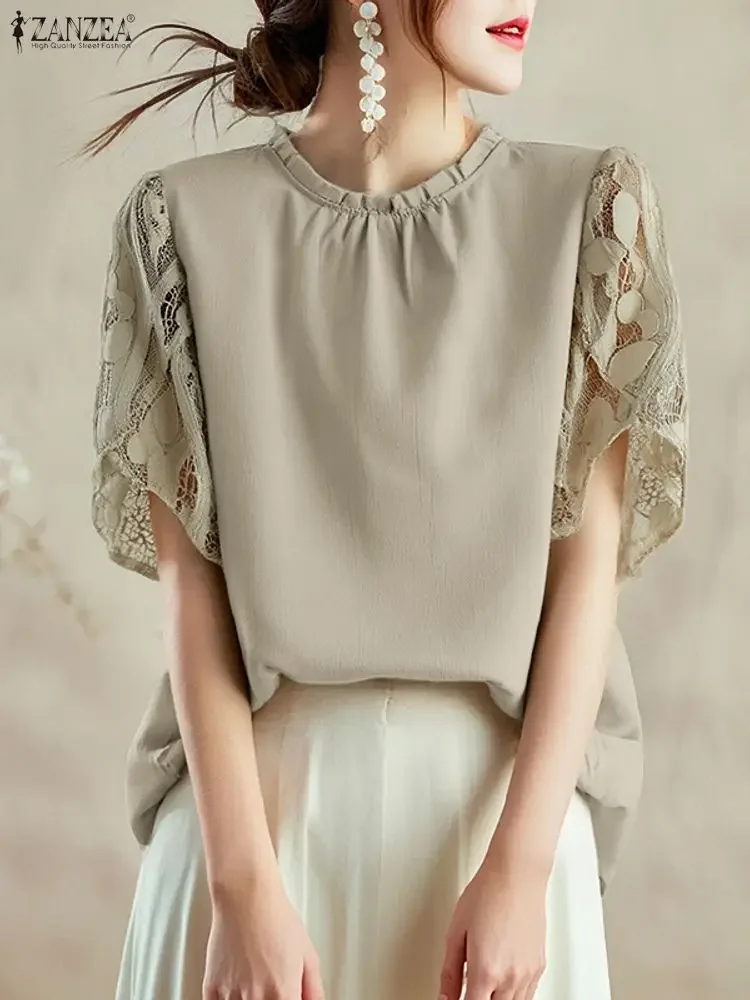 

ZANZEA 2021, модная женская кружевная блузка, летняя лоскутная повседневная туника, топы, элегантные офисные женские блузки, женские уличные рубашки