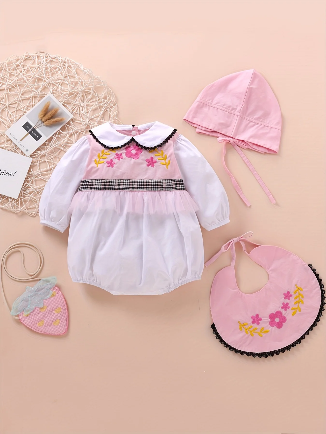 Girls Baby Retro Embroidered Outfit Set with Turn-down Collar Crawler + Embroidered Bib + Sun Hat Three-piece Set