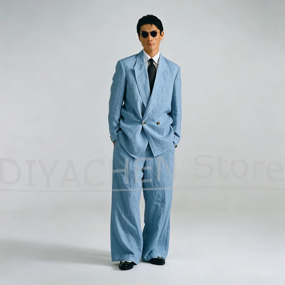 Summer Linen Men 2 Piece Suit Double Breasted Oversized Blazer Wide Leg Pants Casual Formal Wedding Groom Beach Party Tuxedo