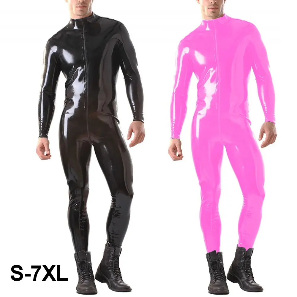 

Sexy Men Shiny Bodysuit Faux Leather Catsuit Front Zipper Tight Jumpsuit Gay Wet Look Erotic Unitard Oversized Party Clubwear