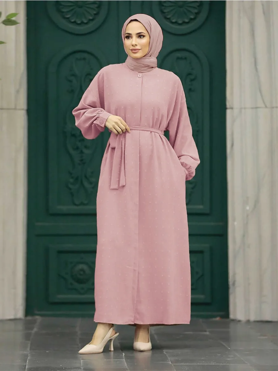 Jacquard Weave Floral Muslim Abaya Dress for Women Eid Morocco Ramadan Lace-up  Vestidos Largo Kaftan Islam Dubai Arab Long Robe