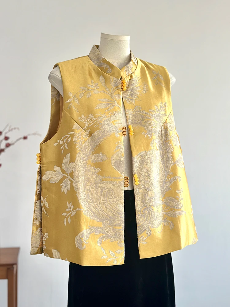 New Chinese Style Yellow High-Grade Song Dynasty Brocade Jacquard Vest Women's Spring and Autumn Outer Wear Waistcoat Young Suit