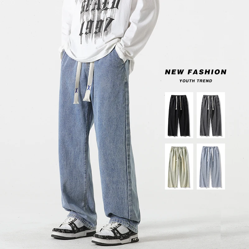

Свободные прямые мужские джинсы, уличная одежда, модные корейские широкие брюки, ретро с эластичной резинкой на талии, сезонные повседневные потертые джинсовые брюки