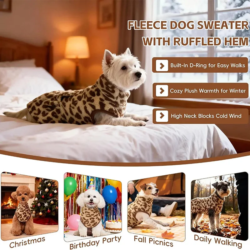 Leopard Dog Dress Coat Winter Fleece Pullover Sweatshirt Pets Clothes Sleeveless Vest Hoodies Puppy Skirt For Small Dogs