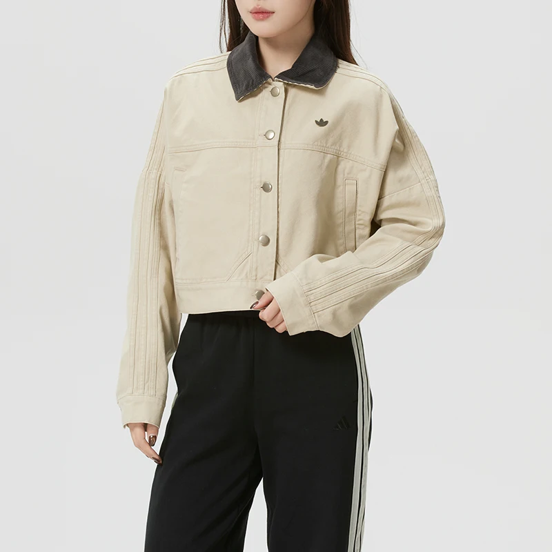 Adidas (Adidas) Trefoil Chaqueta deportiva con solapa para mujer, chaqueta informal de lona para entrenamiento, Ke1069