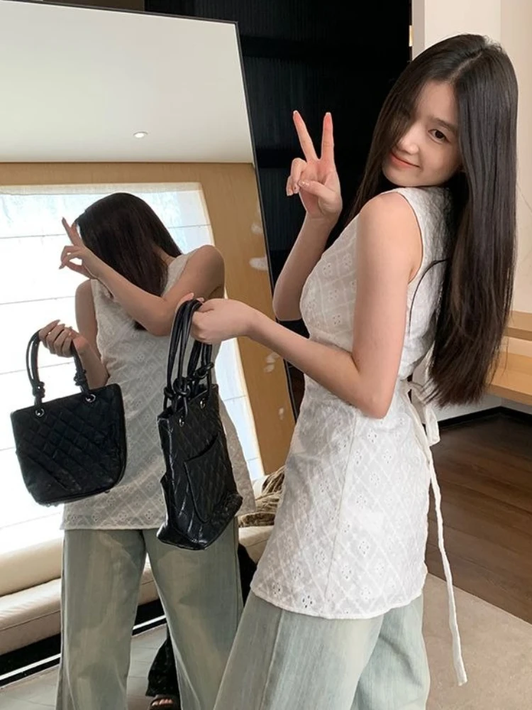 

Y2k Aesthetic Women Flower Embroidery Blouse Vintage Sleeveless Grunge A-line Shirt Harajuku Bandage Summer Hollow Out Blouses