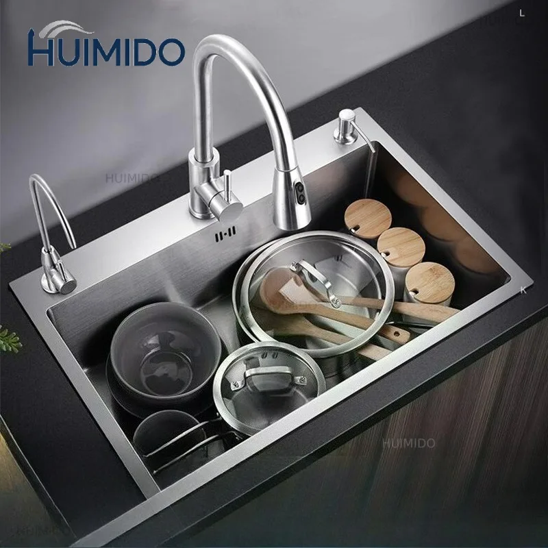 Brushed Stainless Steel Kitchen Sink 3-hole Single Slot Home Improvement Single Slot with Drains Cold and Hot Water Mixer