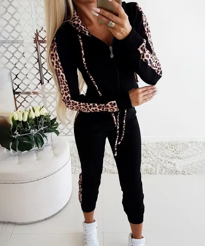 Tracksuit 2 Piece Sets Women Outfit 2023 Autumn/winter New Casual Leopard Print Zipper Design Drawstring Hooded Top & Pants Set