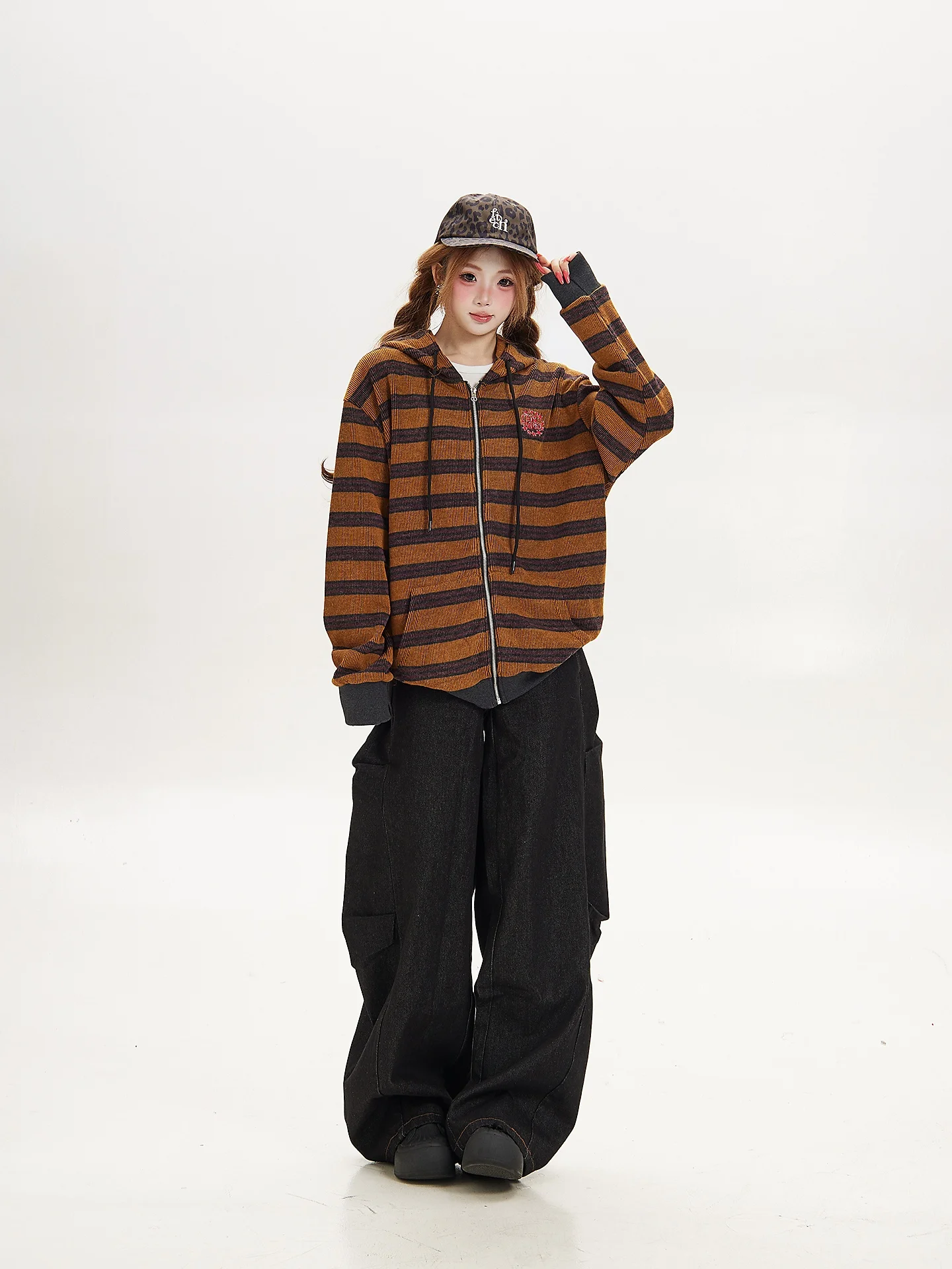 Retro American Color Block Striped Hoodie Zipper Cardigan Women's Loose Fit Autumn Outerwear Casual Comfortable Sweatshirt