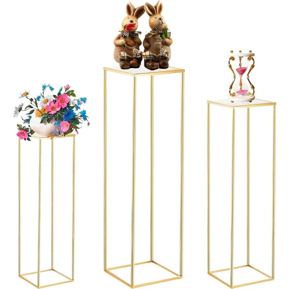Soportes de pedestal cilíndricos para fiestas, soportes cilíndricos cuadrados de metal dorado para flores de fiesta, columnas de exhibición