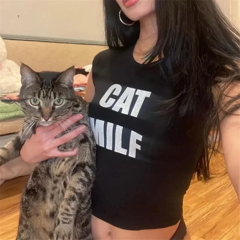 

E-girl готические укороченные топы в стиле гранж женские Kawaii CAT MILF футболка с короткими рукавами и буквенным принтом летние женские платья уличная одежда эмо