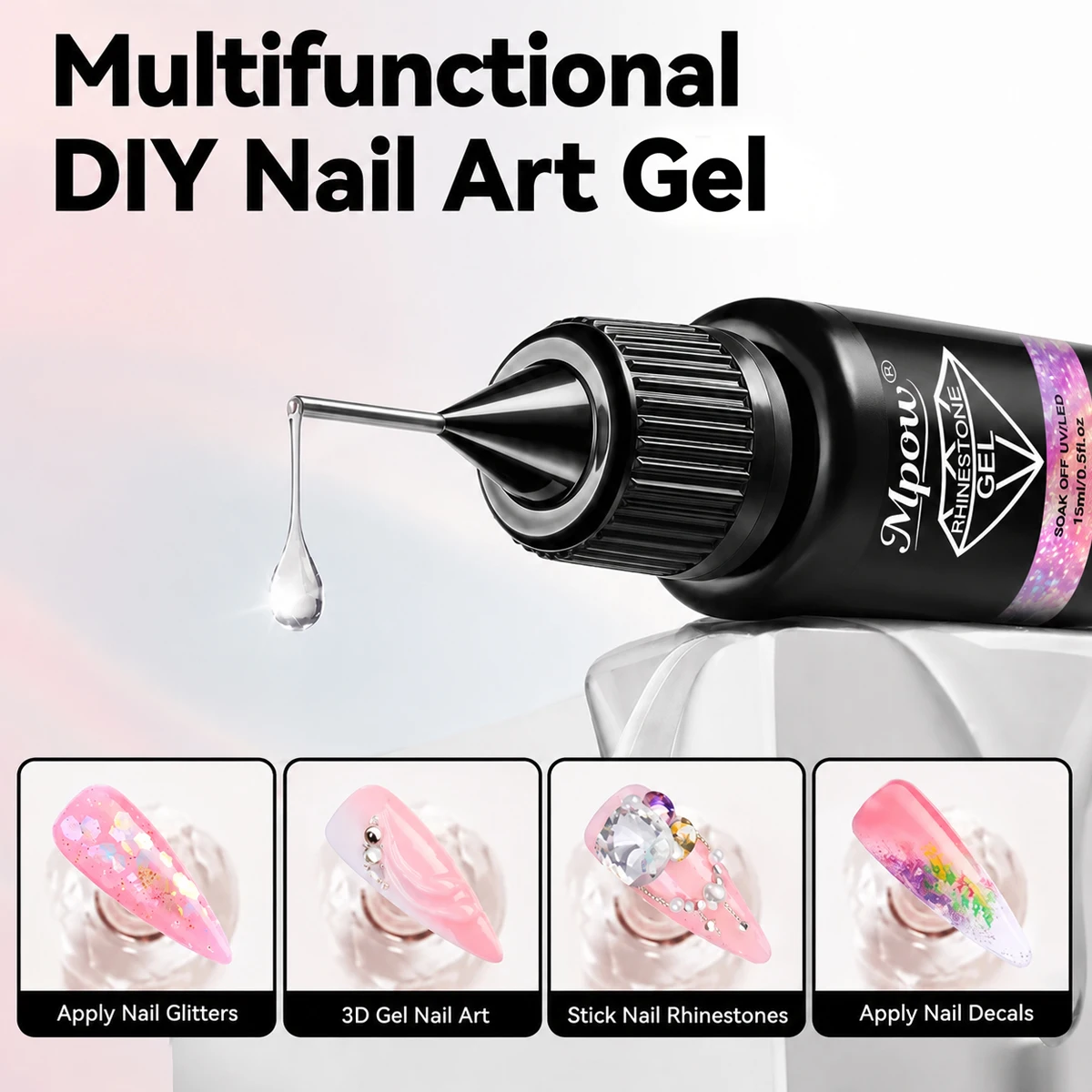 Mpow 15ml Multi-Purpose Rhinestone Gel with Precision Tip 3D Relief Sticker Sealer Glitter Fixative Needs UV LED Nail Art Tool image 3