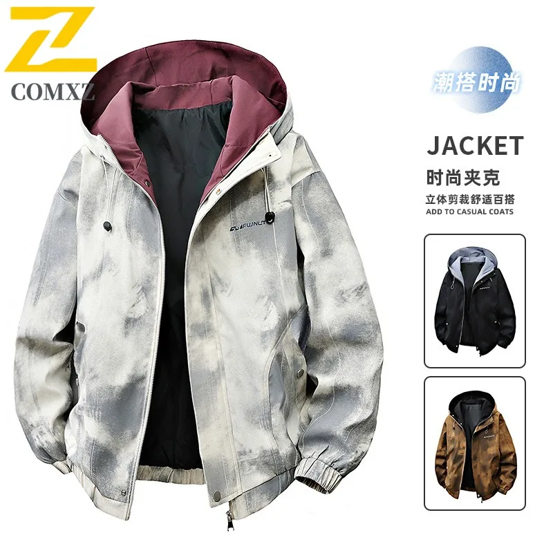 

COMXZ 2025 Мужская водонепроницаемая куртка с капюшоном Tie Dye, осенняя свободная посадка, легкое дышащее быстросохнущее повседневное уличное пальто