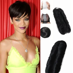 28PCS Brazilian Short Human Hair Extensions One Pack For A Full Head 100% Human Hair Bundles With Free Closure Straight Natural