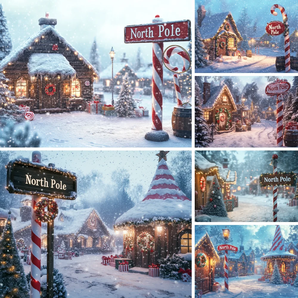 Winter Snow North Pole Town Photo Background Cloth Candy Cane Sign Xmas Cottage Light Decor Kid Holiday Portrait Shooting Prop